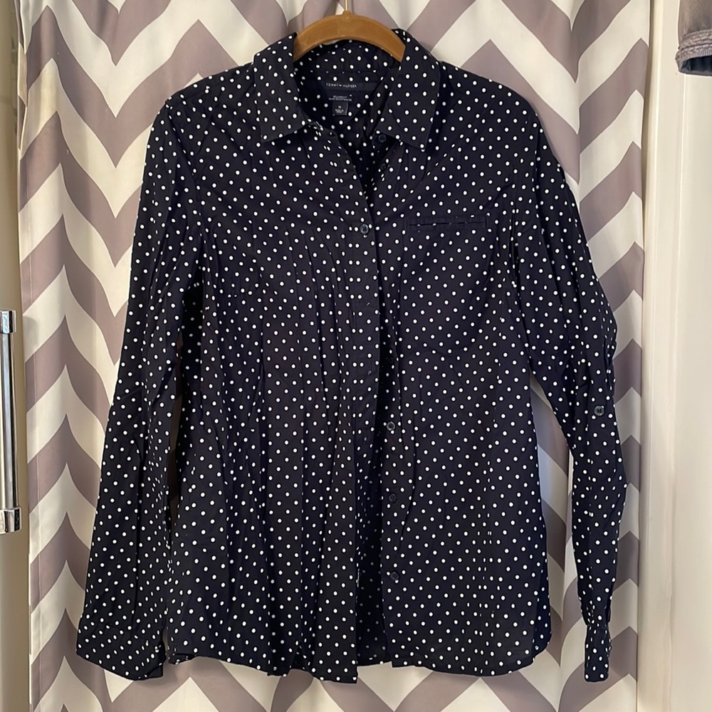 Navy polka dotted button down shirt